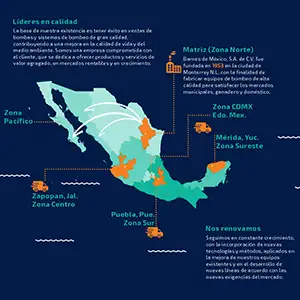 Infografía con un mapa de México y centros de distribución en Ciudad de México, Guadalajara, Puebla y Mérida.